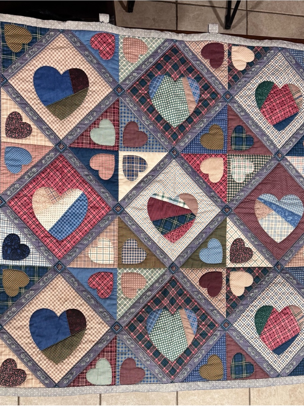 Hand Quilted Heart Wall Hanging 42x36 Patchwork Primitive Country Cottagecore